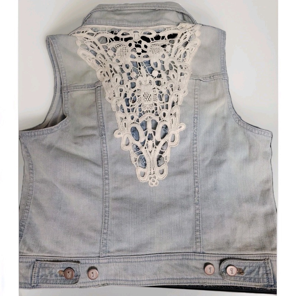 Anthropologie Pilcro The Letterpress Womens SZ M Denim Vest Crochet Lace Back - Picture 2 of 10